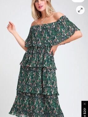 Lulu's Dark Green Floral Off-Shoulder Tiered Midi Dress